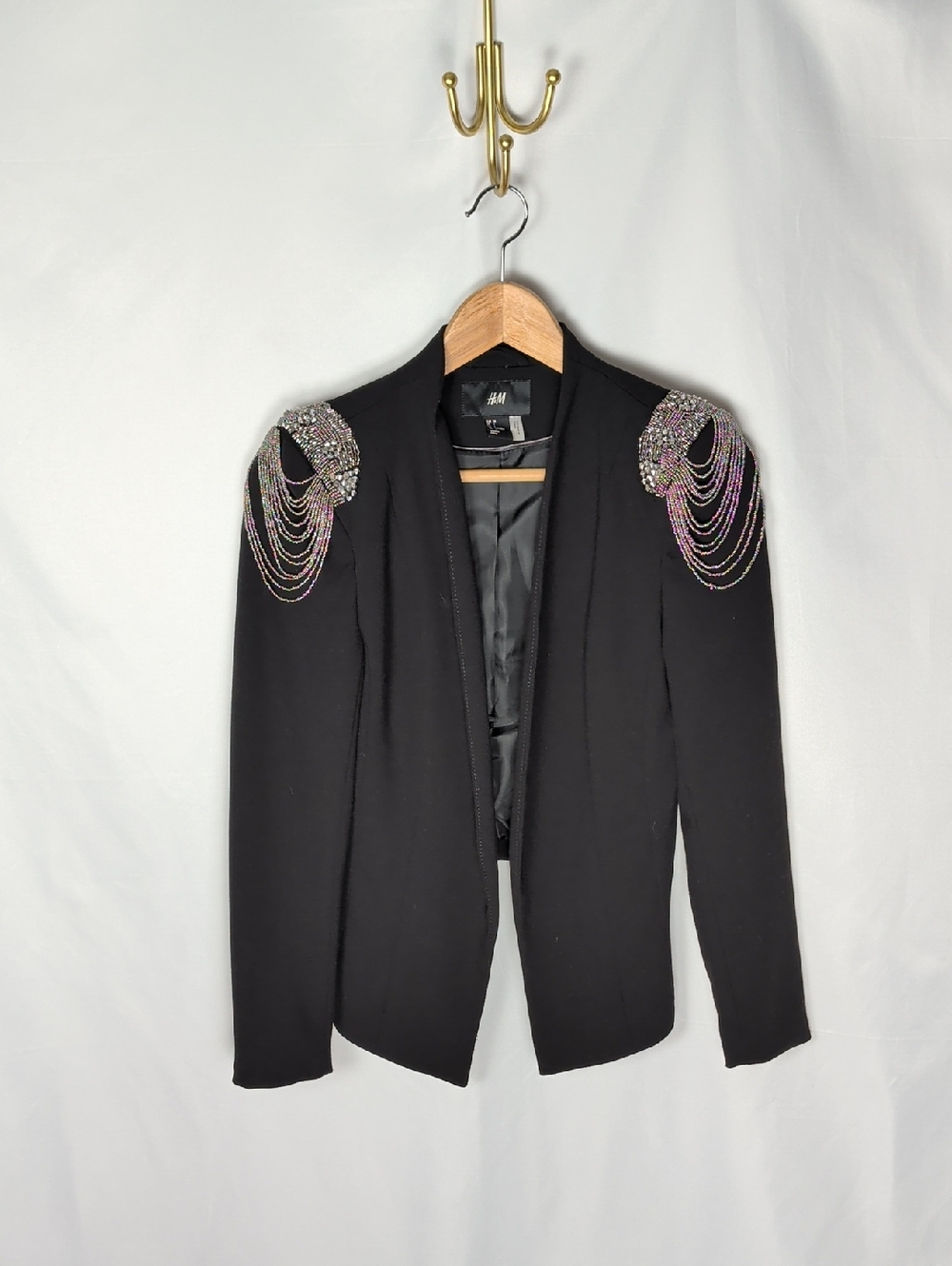 H&M Black Bead & Chain Embellished Shoulder Blazer Jacket 4